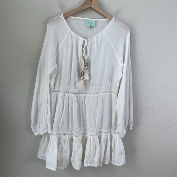 True Destinations Womens Medium White Beach Boho Tunic Dress Seashell Tassels - Picture 6 of 11